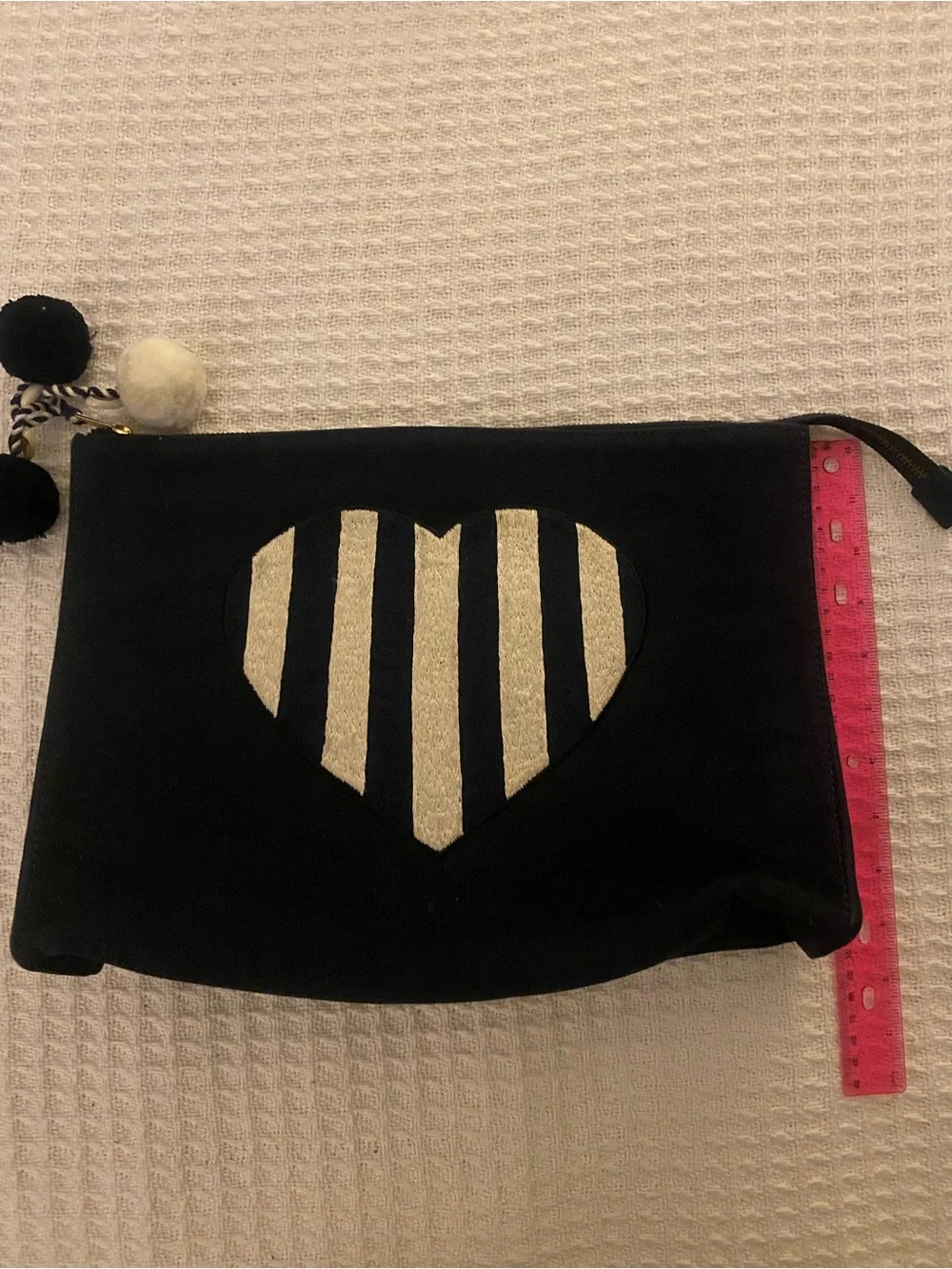 Black canvas Heart Stripe Pouch with Pom Pom Tassels